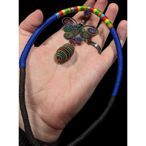 Rainbow Fairycore Wire And Thread Statement Pendant Necklace - Picture 3 of 6